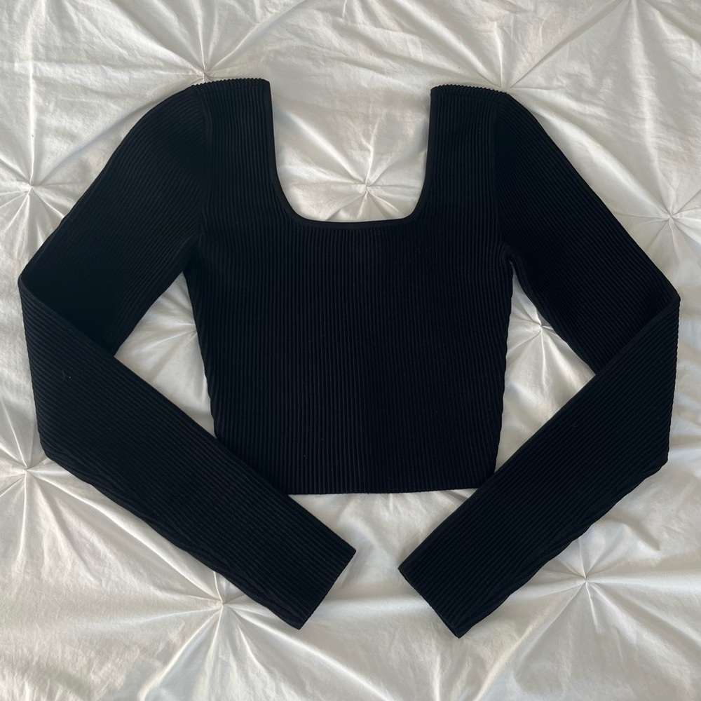 Babaton Black Ribbed Long Sleeve Square Neck Top